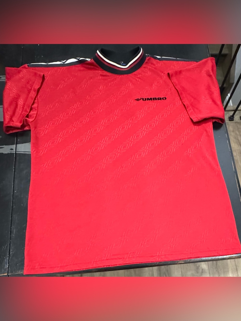 Vintage 90s Umbro Geometric Jacquard Soccer Jersey Red Diamond Trim Size L EUC